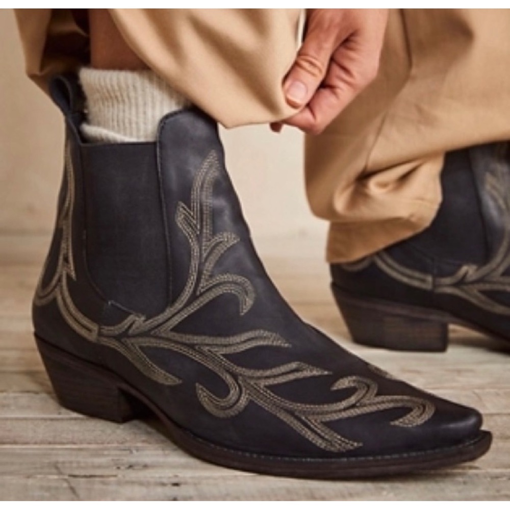 Free People Black Embroidered Ankle Boots